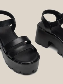 Buckle Detail Platform Ankle Strap Sandals - Black - View 5