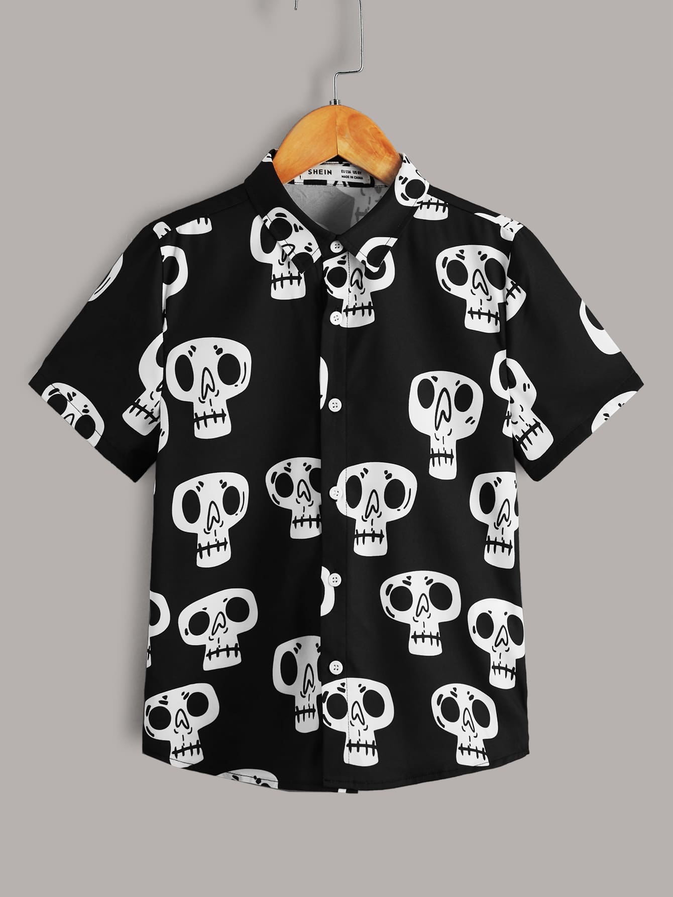 SHEIN Tween Boy Skull Printed Single Breasted Fashion Shirt - Black and White - View 1