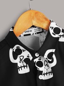 SHEIN Tween Boy Skull Printed Single Breasted Fashion Shirt - Black and White - View 3