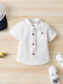 Baby Boy Summer Casual Solid Color Patch Pocket Button Front Short Sleeve Top - White - View 1