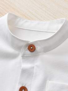 Baby Boy Summer Casual Solid Color Patch Pocket Button Front Short Sleeve Top - White - View 3