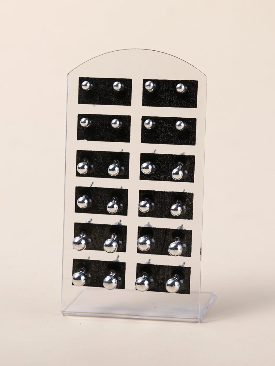 12 cặp Bông tai tròn trang trí bằng quả bóng tròn - Bạc - Xem 1