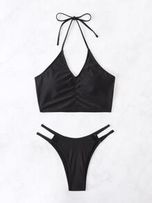 Plain Ruched Cut Out Halter Bikini Set Summer Beach - Black - View 4