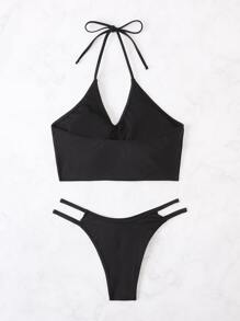 Plain Ruched Cut Out Halter Bikini Set Summer Beach - Black - View 3