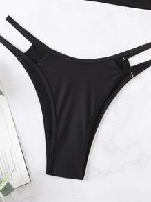Plain Ruched Cut Out Halter Bikini Set Summer Beach - Black - View 5