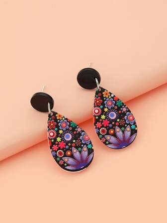Flower Print Water Drop Earrings