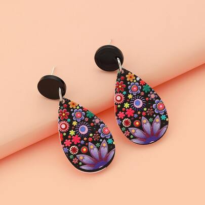 花朵印花水滴形耳墜