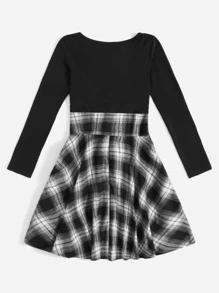 拼接格紋繫帶洋裝