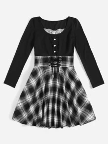 拼接格紋繫帶洋裝