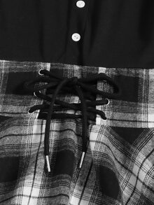 拼接格紋繫帶洋裝