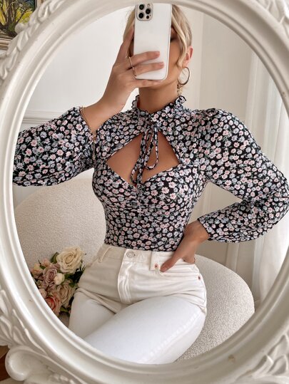 Vavine Ditsy Floral Cut Out Tie Neck Lantern Sleeve Bodysuit Fall Cloth For Women