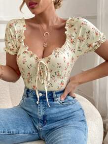 SHEIN Unity Floral Print Tie Front Frill Trim Tee Graphic Tees Women Tops