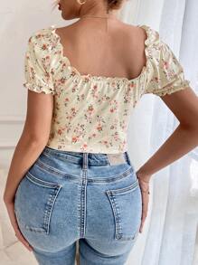 SHEIN Unity Floral Print Tie Front Frill Trim Tee Graphic Tees Women Tops