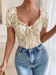 SHEIN Unity Floral Print Tie Front Frill Trim Tee Graphic Tees Women Tops