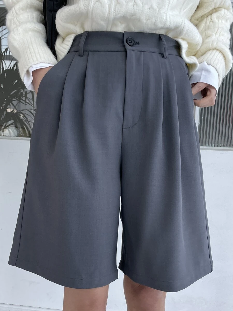 DAZY Fold Pleated Slant Pocket Shorts - Dark Grey - View 1