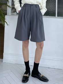 DAZY Fold Pleated Slant Pocket Shorts - Dark Grey - View 5