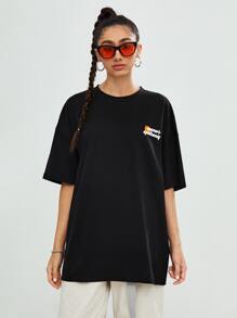 Manfinity VCAY 1pc Loose Fit Cotton Letter Graphic Drop Shoulder T-Shirt - Black - View 4