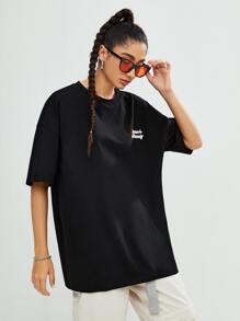 Manfinity VCAY 1pc Loose Fit Cotton Letter Graphic Drop Shoulder T-Shirt - Black - View 5