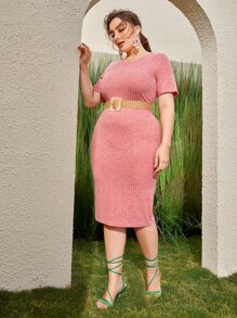 Mulvari Vestido con cinturón unicolor tejido de canalé con hebilla - Rosa coral - Ver 6