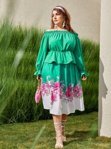 Mulvari Plus Off Shoulder Lettuce Trim Ruffle Hem Top & Floral Print Skirt Set - Multicolor - View 3