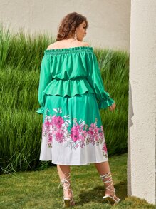 Mulvari Plus Off Shoulder Lettuce Trim Ruffle Hem Top & Floral Print Skirt Set - Multicolor - View 4