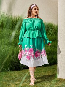 Mulvari Plus Off Shoulder Lettuce Trim Ruffle Hem Top & Floral Print Skirt Set - Multicolor - View 1