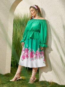 Mulvari Plus Off Shoulder Lettuce Trim Ruffle Hem Top & Floral Print Skirt Set - Multicolor - View 5