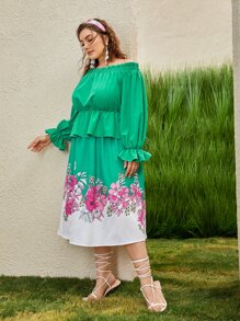 Mulvari Plus Off Shoulder Lettuce Trim Ruffle Hem Top & Floral Print Skirt Set - Multicolor - View 8