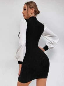 SHEIN Privé 燈籠袖羅紋小立領連衣裙 - 黑色 - 查看 2