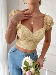 Chiquease 碎花甜心领荷叶边短款 T 恤图案 T 恤女式上衣 - 黃色 - 查看 4