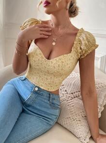 Chiquease 碎花甜心领荷叶边短款 T 恤图案 T 恤女式上衣 - 黃色 - 查看 6