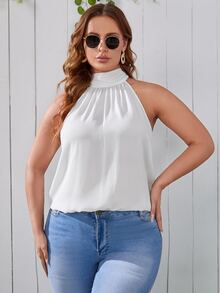 SHEIN 大碼後綁帶褶皺上衣 - 白色 - 查看 3