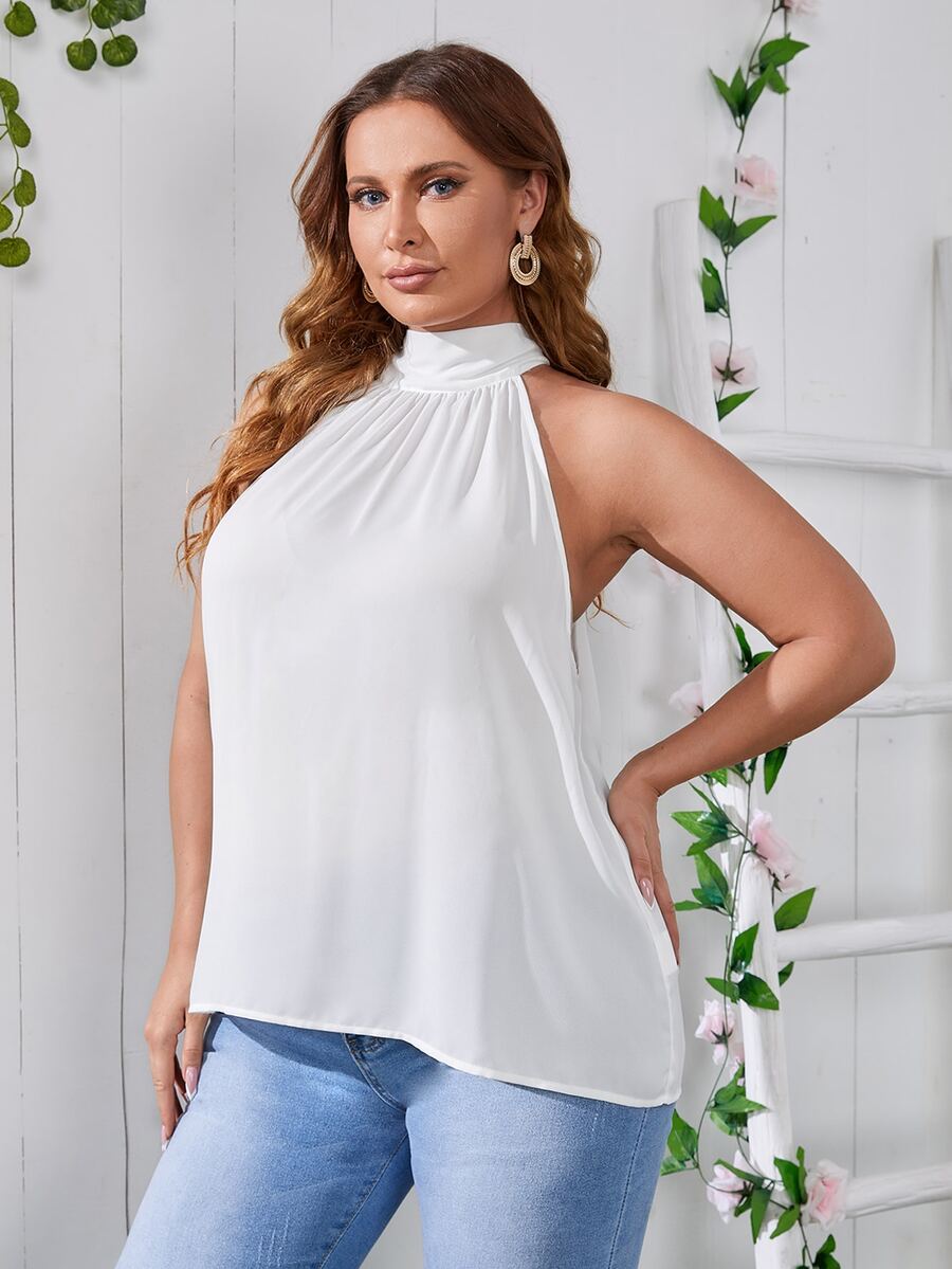 SHEIN 大碼後綁帶褶皺上衣 - 白色 - 查看 1