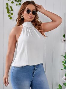 SHEIN 大碼後綁帶褶皺上衣 - 白色 - 查看 5