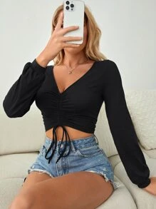 INAWLY Drawstring Front Bishop Sleeve Tee Fall Cloth For Women - Black - View 1