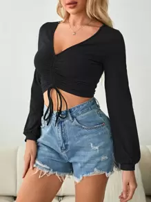 INAWLY Drawstring Front Bishop Sleeve Tee Fall Cloth For Women - Black - View 4