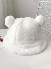 1 pieza Pom Decoración De Oreja Sólida Orejas De Oso De Peluche Lindo Color Sólido Oso De Dibujos Animados Sombrero De Cubo Peludo A Prueba De Frío Para Mujeres Invierno Al Aire Libre - Blanco - Ver 2