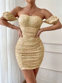 Chiquease Vestido mini corto de mujer ajustado con estampado floral menudo, hombros descubiertos, mangas abullonadas y drapeado - Amarillo - Ver 4