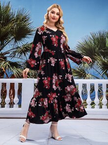 Plus Floral Print Ruffle Hem Dress - Black - View 3