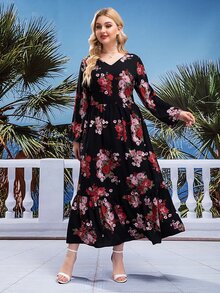 Plus Floral Print Ruffle Hem Dress - Black - View 4