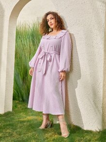 Mulvari 大碼格紋燈籠袖洋裝