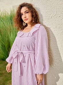 Mulvari 大碼格紋燈籠袖洋裝