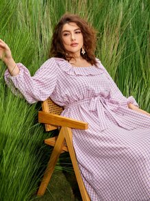 Mulvari 大碼格紋燈籠袖洋裝