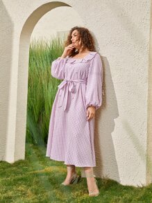 Mulvari 大碼格紋燈籠袖洋裝