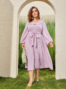 Mulvari 大碼格紋燈籠袖洋裝