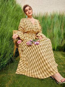 Mulvari Plus Plaid Print Gathered Sleeve Dress - Multicolor - View 2