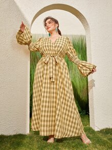 Mulvari Plus Plaid Print Gathered Sleeve Dress - Multicolor - View 3