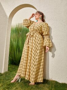 Mulvari Plus Plaid Print Gathered Sleeve Dress - Multicolor - View 5