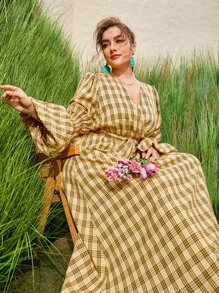 Mulvari Plus Plaid Print Gathered Sleeve Dress - Multicolor - View 6