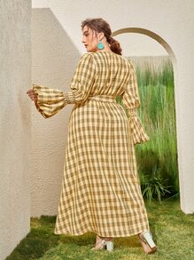 Mulvari Plus Plaid Print Gathered Sleeve Dress - Multicolor - View 7